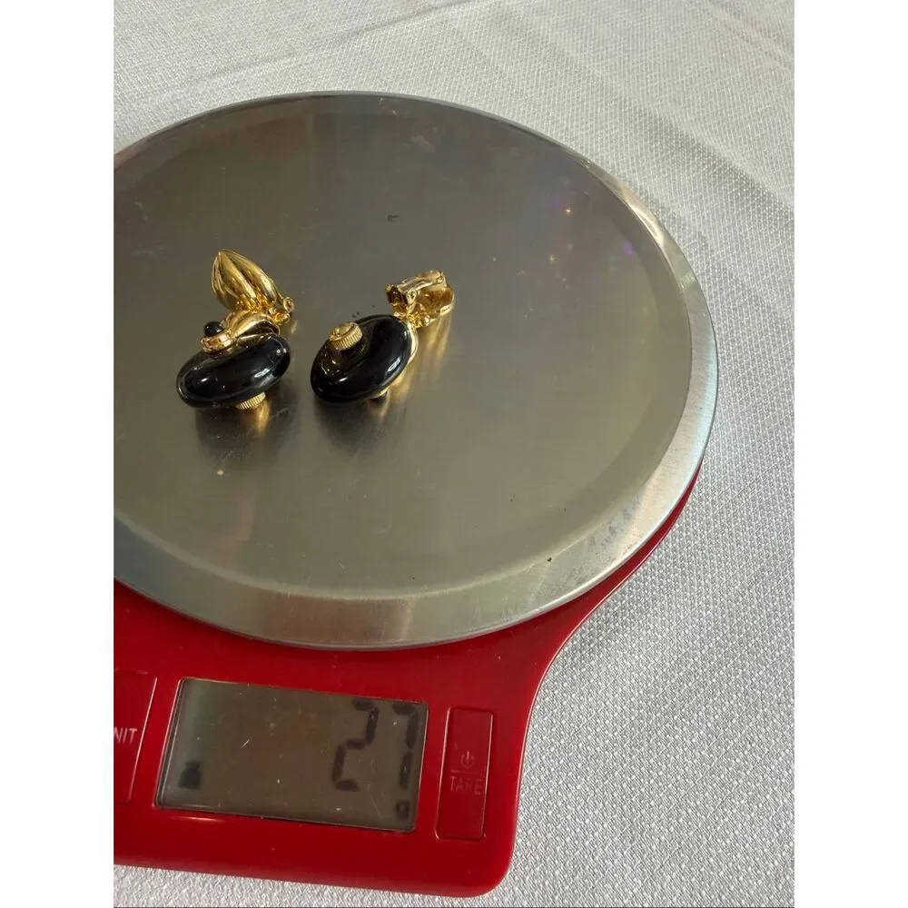 Joan Rivers Door Knocker Clip On Earrings Gold Tone Black Disc Vintage Signed